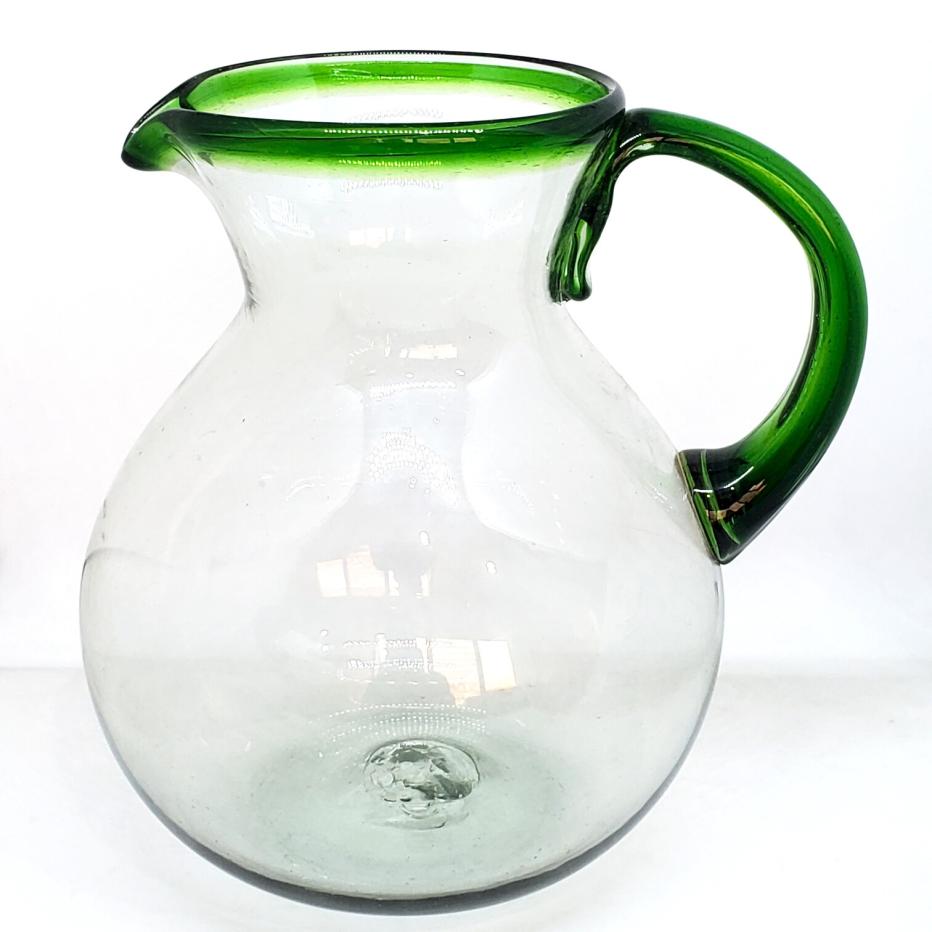 Wholesale MEXICAN GLASSWARE / Emerald Green Rim 120 oz Large Bola Pitcher / This classic pitcher is perfect for pouring out all kinds of refreshing drinks.